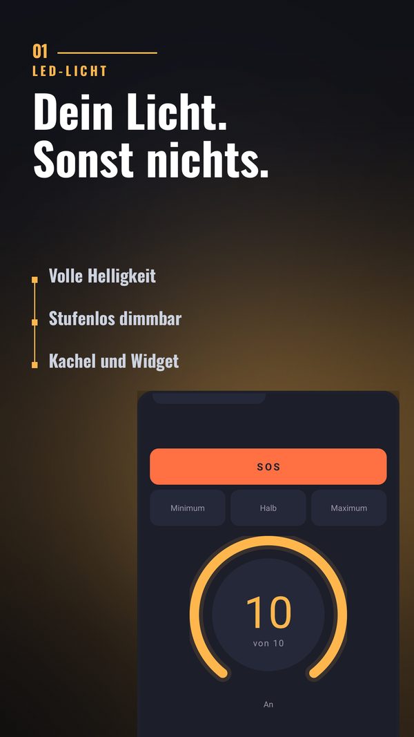 Hauptbildschirm von Taschenlampe Pur mit Helligkeitsregler