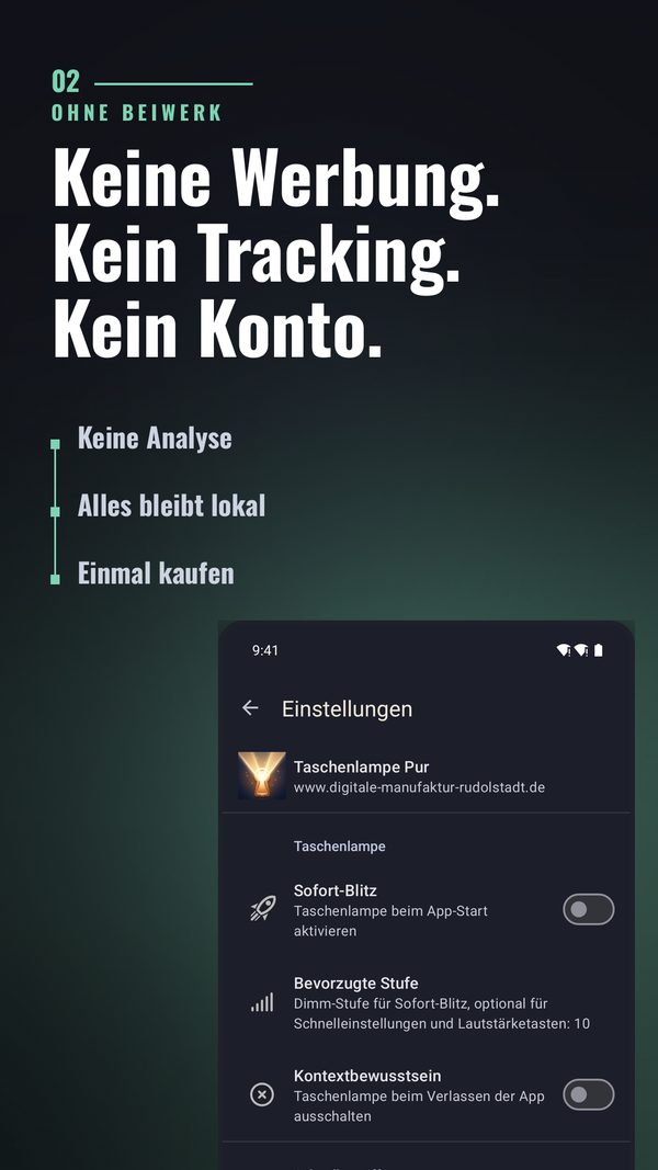 Taschenlampe Pur ohne Werbung, Tracking und Konto