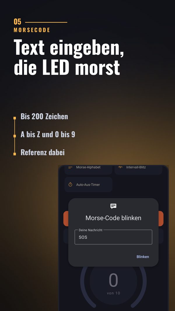Morsecode-Eingabe in Taschenlampe Pur