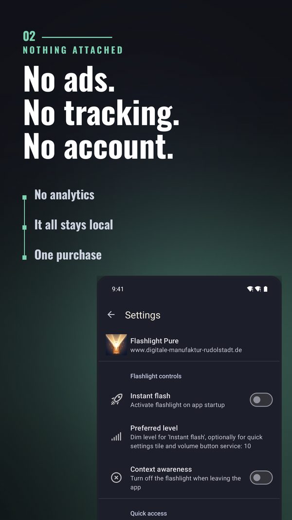 Flashlight Pure without ads, tracking or account