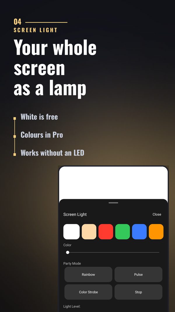 Screen light with six colour swatches